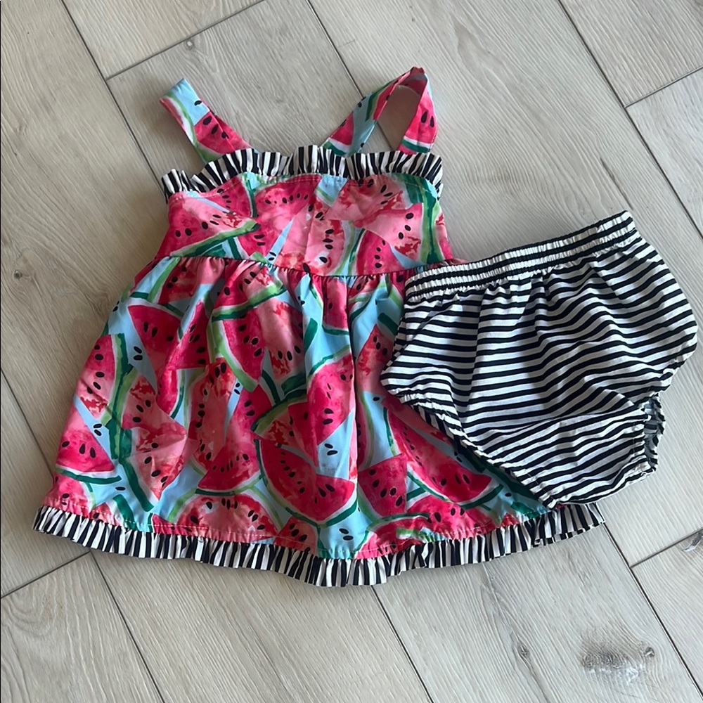 Watermelon Print Dress and Striped Bloomer Set 2T